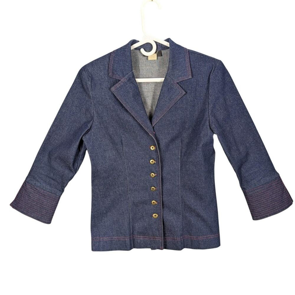 O.M.G. Collection Jacket Womens Size 6 Blue Denim 3/4 Sleeve Button Up USA Made